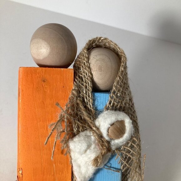 Handmade Rustic Wood Block Nativity Joseph Mary Jesus Orange Blue #2 - Picture 2 of 8